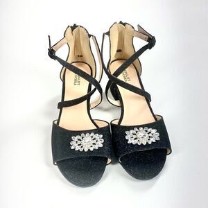 Badgley Mischka pernia gems formal black low strappy heel with rhinestone 5